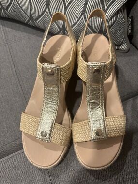 Vionic Calera Gold Metallic and Natural Woven Slingback Sandals